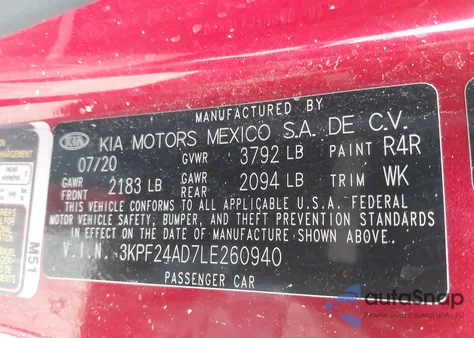 2020 Kia Forte Lxs z USA, uszkodzony, nr VIN 3KPF24AD7LE260940